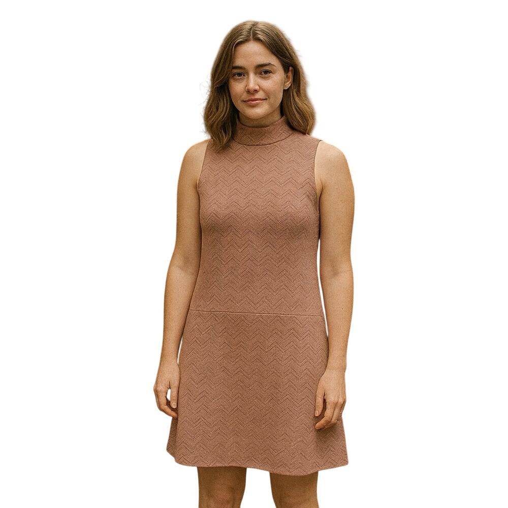 Free People XS micro Chevron Knit Mock Neck Sleeveless Mini Dress Rust Pockets